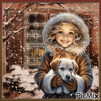 Portrait d'une fillette avec son chien - Beige et marron.