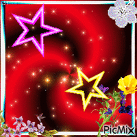 Les étoiles et les fleurs sur fond rouge et noir - GIF animé gratuit