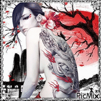 Femme asiatique et tatouages animeret GIF