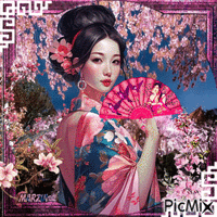 Donna asiatica con sakura e ventaglio - Бесплатный анимированный гифка
