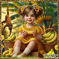 Little Girl - Banana - Yellow - Green - Brown - GIF เคลื่อนไหวฟรี