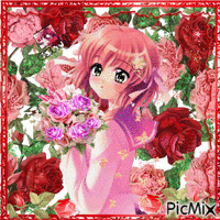 Manga girl with roses - GIF animé gratuit