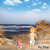 Baby with doll at beach GIF animé
