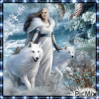 Schöne Frau mit weißen Wölfen