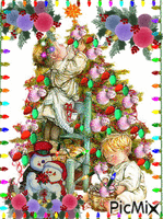 A LITTLE BOY ASLEEP, THE LITTLE GIRL HANGING LIGHTS, ORNAMENTS AND TINSELL, LIGHTS, AND GLITTER SPARKLING. THERE IS A CHRISTMAS LLIGHT BORDER. 动画 GIF