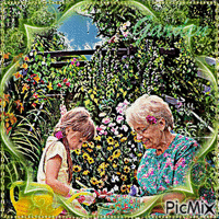 Oma kümmert sich um ihre Blumen - Бесплатный анимированный гифка