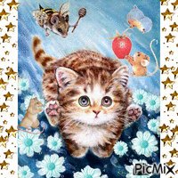 A CUTE LITTLE KITTEN RUNNING THROUGH THE BLUE DAISY FIELD, A MOUSE ON THE BOTTOM IS RUNNING AND MAKES A HOLE A LARGE MOUSE BEE IF AFTER HIM, AND A MOUSE AND BIRD ARE FIGHTING OVER A STRAWBERRY. анимиран GIF