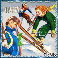 Vintage Women Snow  Skiing - GIF animado gratis