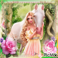 women and white horse - Ingyenes animált GIF