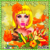Portrait de femme-tons orange et vert