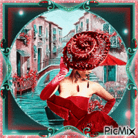 Elégante en chapeau rouge à Venise