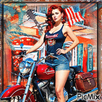 Woman on a motorcycle with a guitar - GIF animado grátis