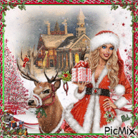 Femme de Noël et son cerf - GIF animado grátis