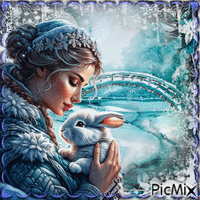 Femme en hiver avec son lapin animált GIF