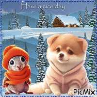 Winter. Have a Nice Day. Dog, squirrel with clothes - Безплатен анимиран GIF