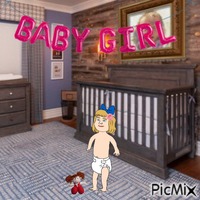Baby girl with doll and flower animēts GIF