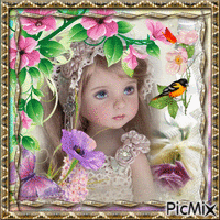 Portrait Girl Spring Flowers Bird Glitter Butterfly animeret GIF