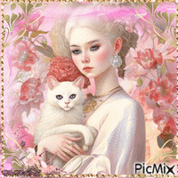 femme ,chat , rose pastel - GIF animé gratuit