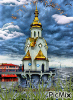 церковь у реки - Gratis animeret GIF
