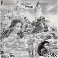 Summer Dream, girl and her cats. Black, white - GIF animé gratuit