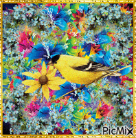 PRETTY FLOWERS A YELLOW BIRD AND FLOWER, YELLOW HEART SPARKLES, AND A YELLOW FRAME THAT SPARKLES. - GIF animasi gratis