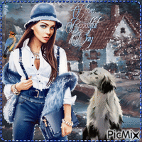 Have a Beautiful Day.  Autumn, blue hat, woman, dog