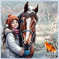 Winter. Sending Love. Girl, horse, fox animovaný GIF