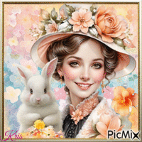 Portrait de femme avec un lapin - Tons pastels