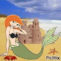 Mermaid Kim Possible and sandcastle animerad GIF