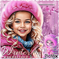 Little girl in winter, pink tones - Бесплатный анимированный гифка