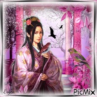 Femme d' Asie et ses oiseaux