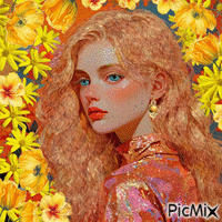 Рыжая красавица и жёлтые цветы. animovaný GIF