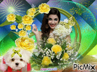 femme, chien et fleurs κινούμενο GIF