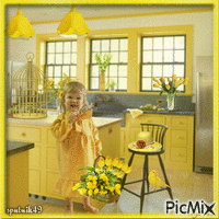 kleines Mädchen mit gelben Tulpen - GIF animé gratuit