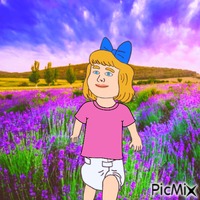 Baby girl in field of purple flowers GIF animata
