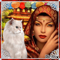 Beauté orientale avec un chat blanc.