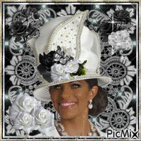 woman in hat/black and white with roses - GIF animasi gratis