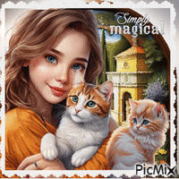 Kleines Mädchen mit zwei Katzen - Animovaný GIF zadarmo