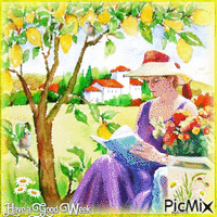 Have a Good Week. Woman reading, lemon grove