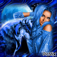 Femme et loup au clair de lune en bleu - GIF เคลื่อนไหวฟรี