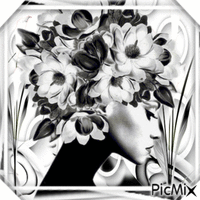 Femme et fleurs en noir et blanc анимированный гифка