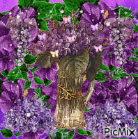 A PITCHER OF PURPLE FLOWERS, A BACKGROUND OF PURPLE FLOWERS, IN FRONT OF A PURPLE BACKGROUND. LOTS OF SPARKLES, AND 6 LITTLE COLOR CHANGING  BUTTERFLIES . animuotas GIF