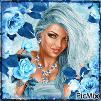 Femme, cheveux , yeux, tenue et roses en bleu - GIF animé gratuit