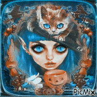 blue look witch cat halloween - Nemokamas animacinis gif