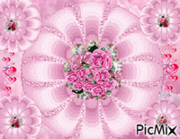A LARGE PINK CIRCLE AND FOUR SMALL CIRCLE THAT SEEM TO PUSH IN AND OUT, IN THE CENTERS ARE DIAMONDS, WITH PINK  ROSES IN THE DIAMOND, AND PINK STARS ON EACH SIDE. - Darmowy animowany GIF