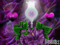 PURPLE ROSES FOR BACKGROUND, A LANTERN WITH PURPLE LIGHT, A PURPLE SPARKLING FLOWER AROUND LANTERN, AND PURPLE HEARTS STACKED ON EACH OTHER. анимирани ГИФ