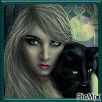 Femme et chat noir. - GIF animé gratuit