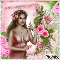 girl with pink roses Gif Animado
