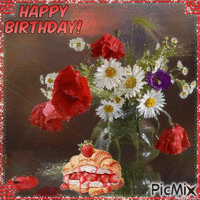 Happy Birthday. Flowers and cake - Free animated GIF