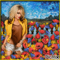 Girl Poppies Cornflowers-RM-03-28-23 - 無料のアニメーション GIF
